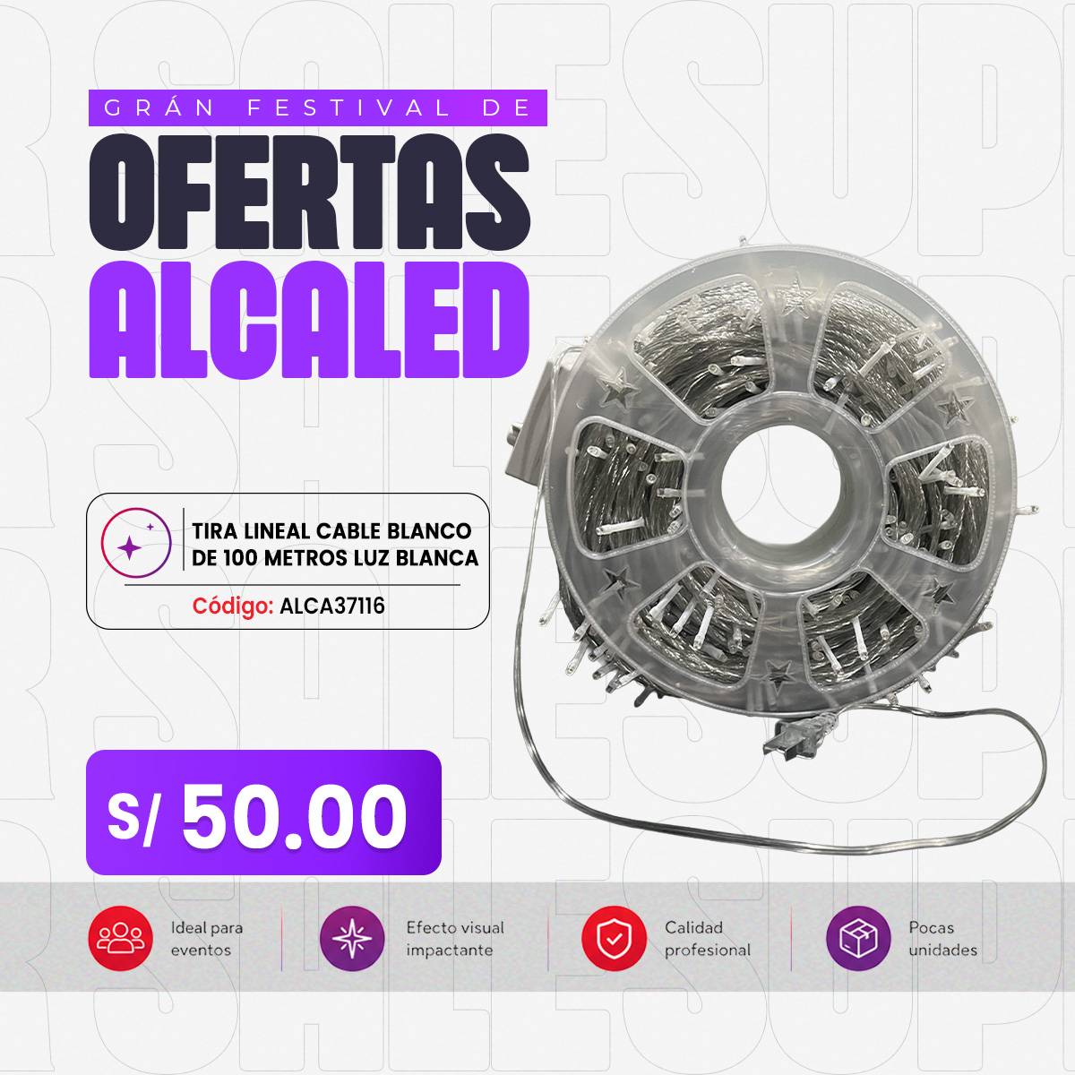 TIRA LINEAL CABLE BLANCO DE 100 METROS LUZ BLANCA
